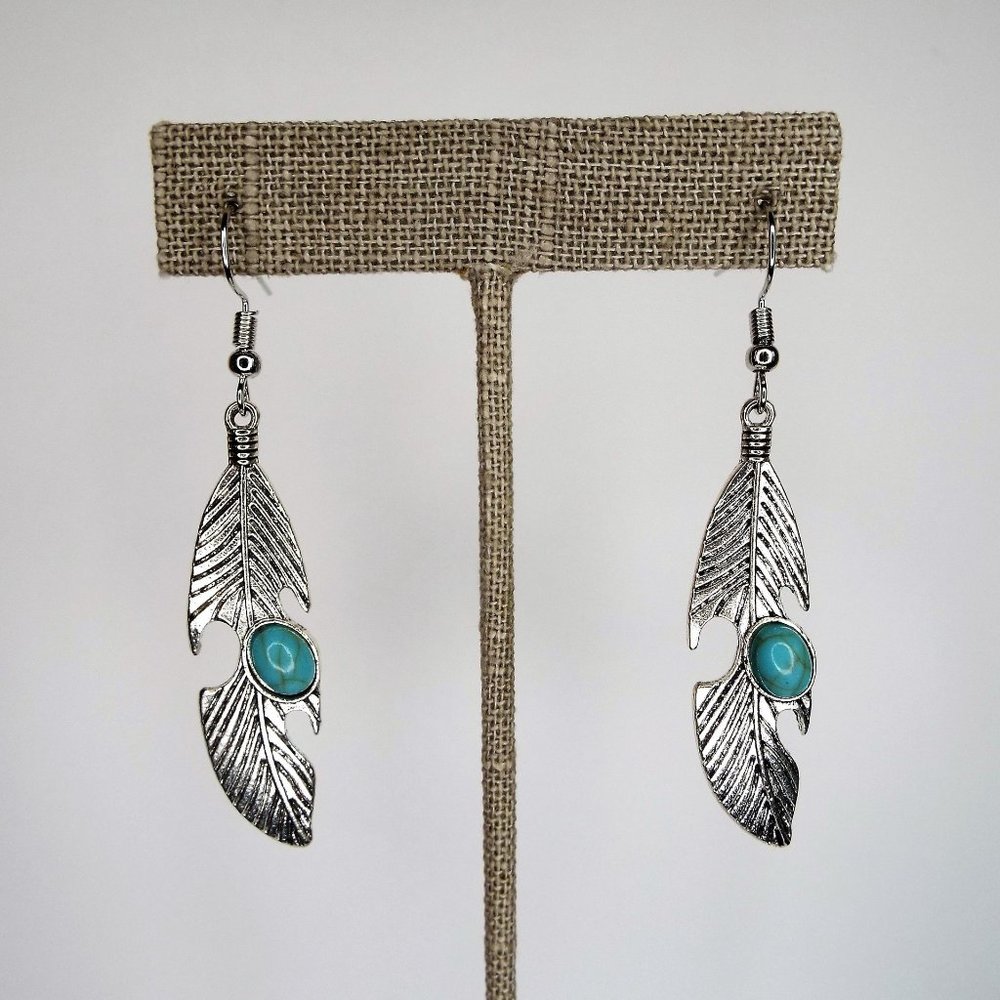 Silver and Turquoise Feather Dangling Earrings